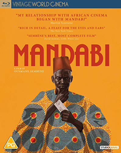 Blu-ray cover art for Mandabi featuring a man in a patterned robe holding money.