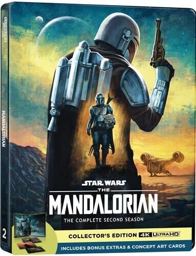 Blu-ray case for "The Mandalorian" season two, featuring the Mandalorian and Grogu.