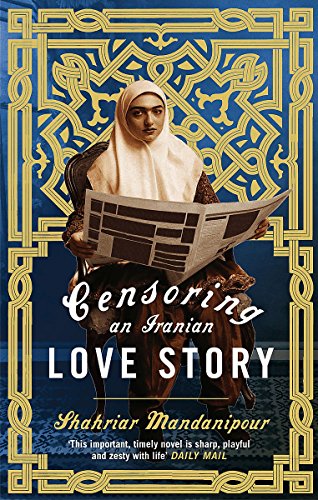 Book cover: woman in hijab holding newspaper, ornate gold border, dark blue.