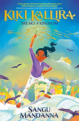 Book cover: girl raising a glowing object above a colorful city.