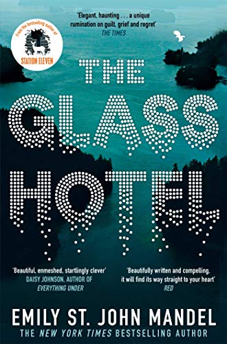 Book cover for “The Glass Hotel” with a seascape background.