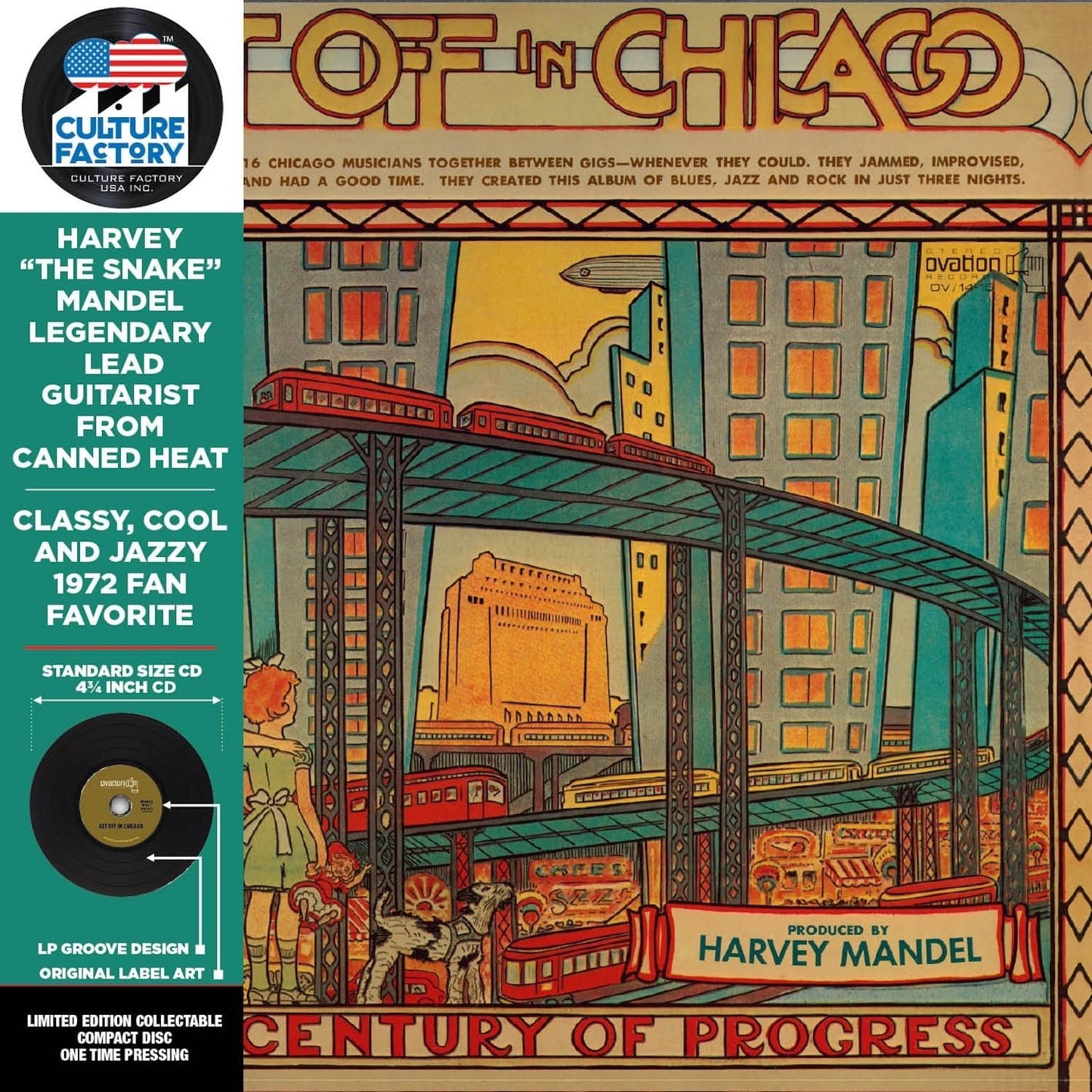 CD cover for Harvey Mandel's "Get Off In Chicago" featuring a colorful train.