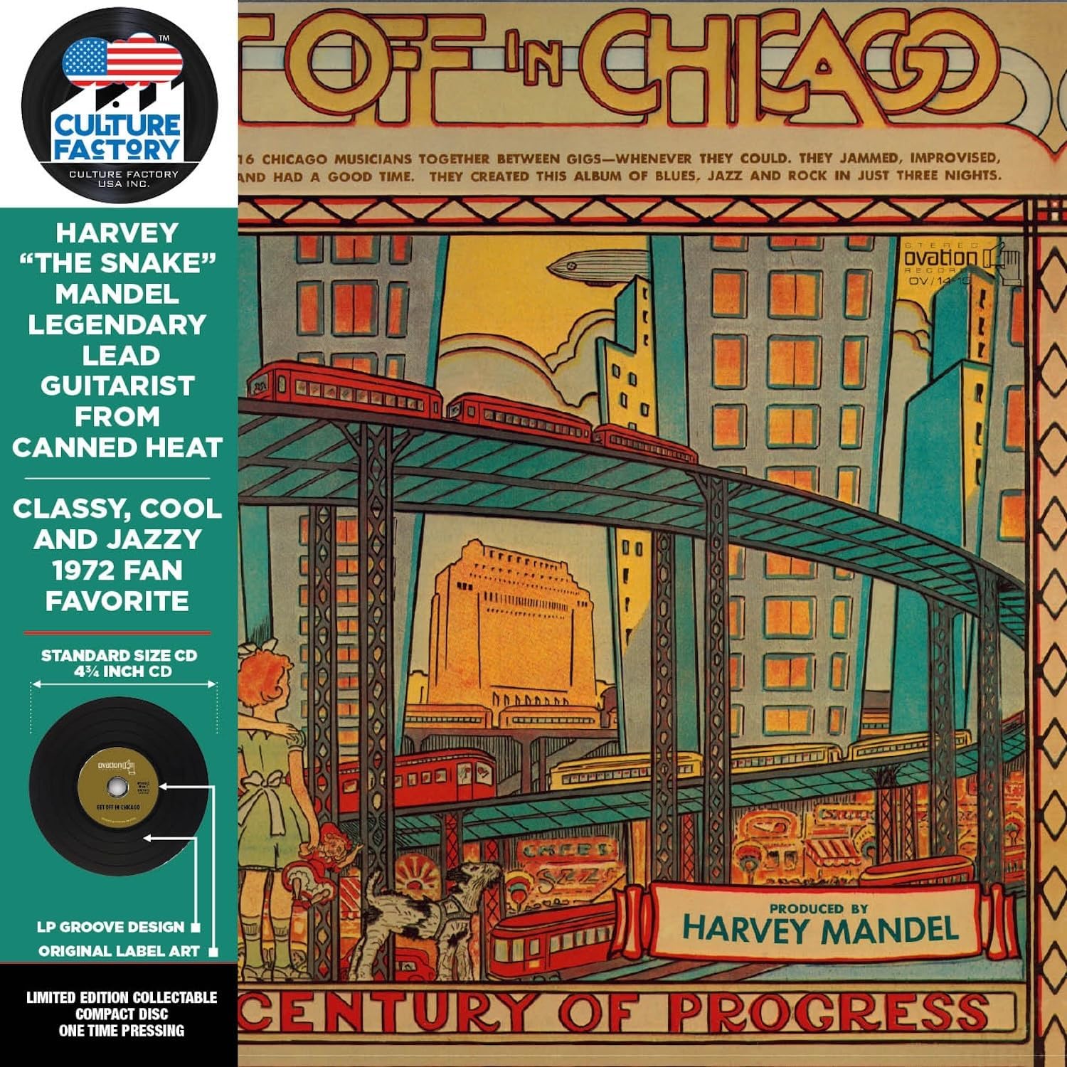 CD cover for Harvey Mandel's "Get Off In Chicago" featuring a colorful train.