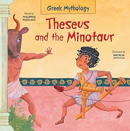Book cover illustration showing Theseus holding a sword and string facing the Minotaur.