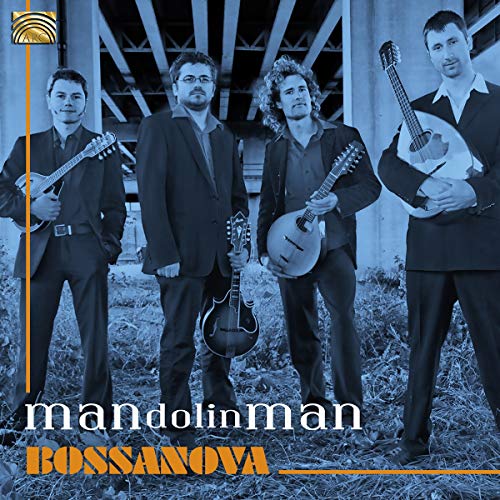 "Album cover featuring four men in suits holding mandolins, with 'mandolinman' and 'BossaNova' text."