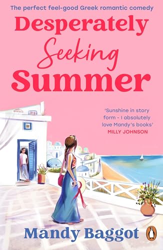 Book cover: woman walking in a Greek village, blue and white buildings.