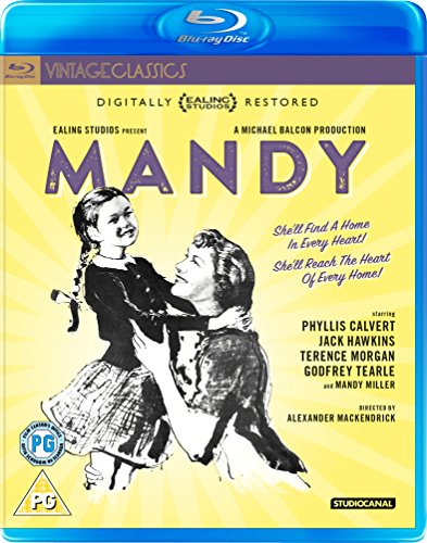 Blu-ray cover for "Mandy" featuring a vintage image of a girl and woman.