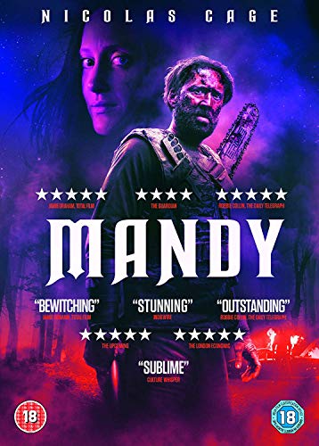 DVD cover for Mandy featuring Nicolas Cage with a chainsaw against a purple background.
