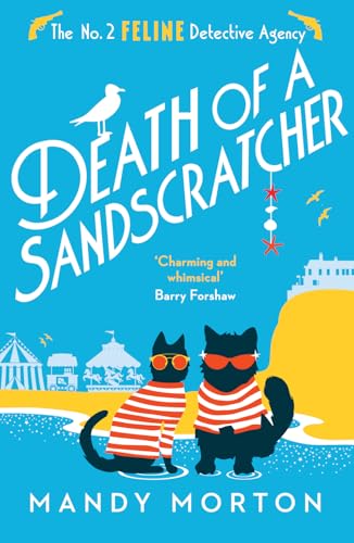 Book cover: two cats in sunglasses on a beach, title "Death of a Sandscratcher".