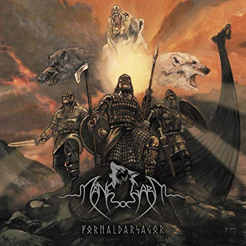 Three Viking warriors stand before a longship with spectral animal heads against a fiery sky.