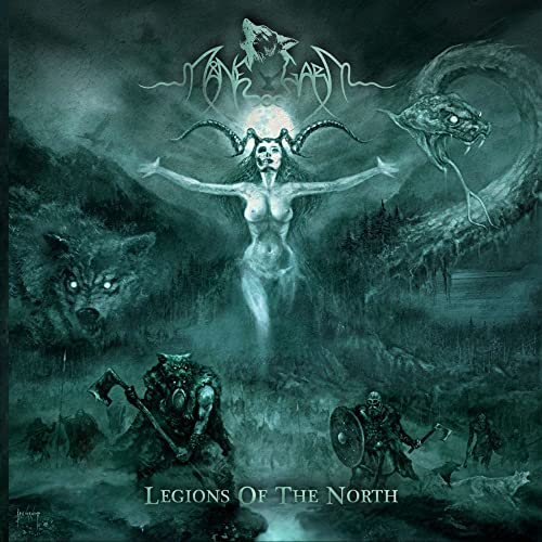 Dark fantasy album cover featuring a horned woman, a giant wolf, snake, and warriors.