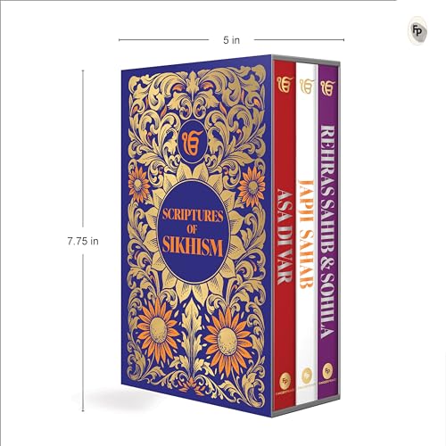 A boxed set of three books titled Scriptures of Sikhism with ornate gold floral patterns.
