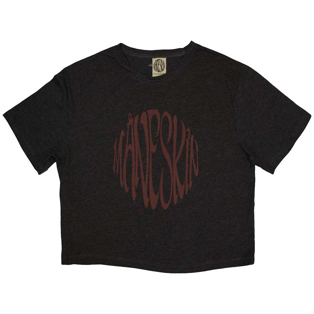 Black cropped women’s t-shirt with distressed, white Maneskin band logo.