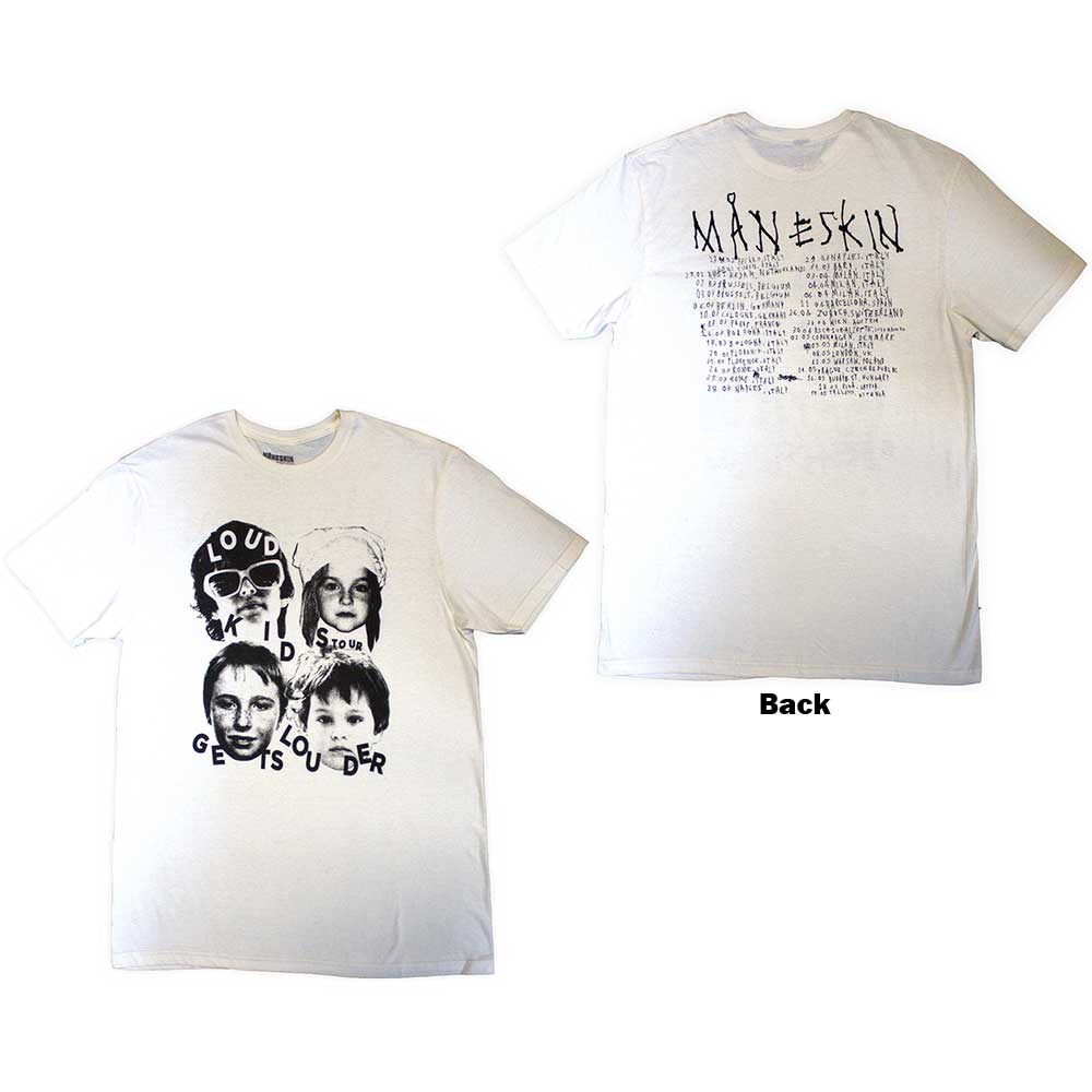Black unisex t-shirt featuring Maneskin Loud Kids European Tour 2023 graphics on the back.