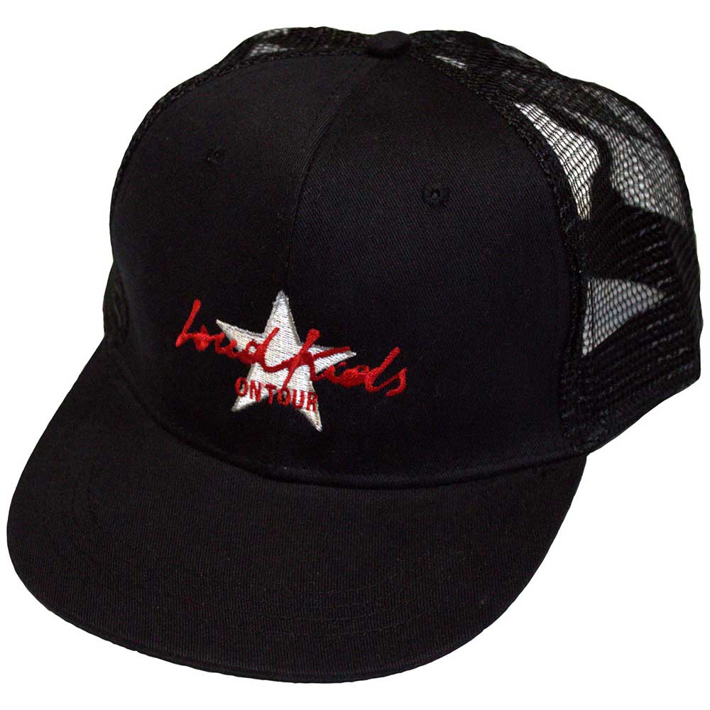 Black baseball cap with mesh back, featuring “Maneskin” and tour branding.
