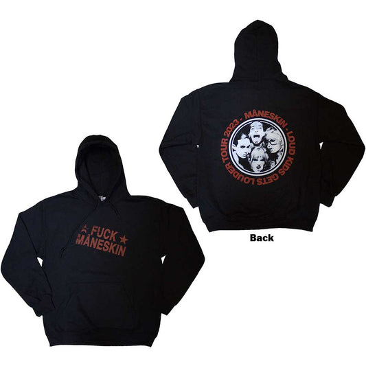 Black unisex hoodie with white “Fuck Maneskin” back print, tour-related design.