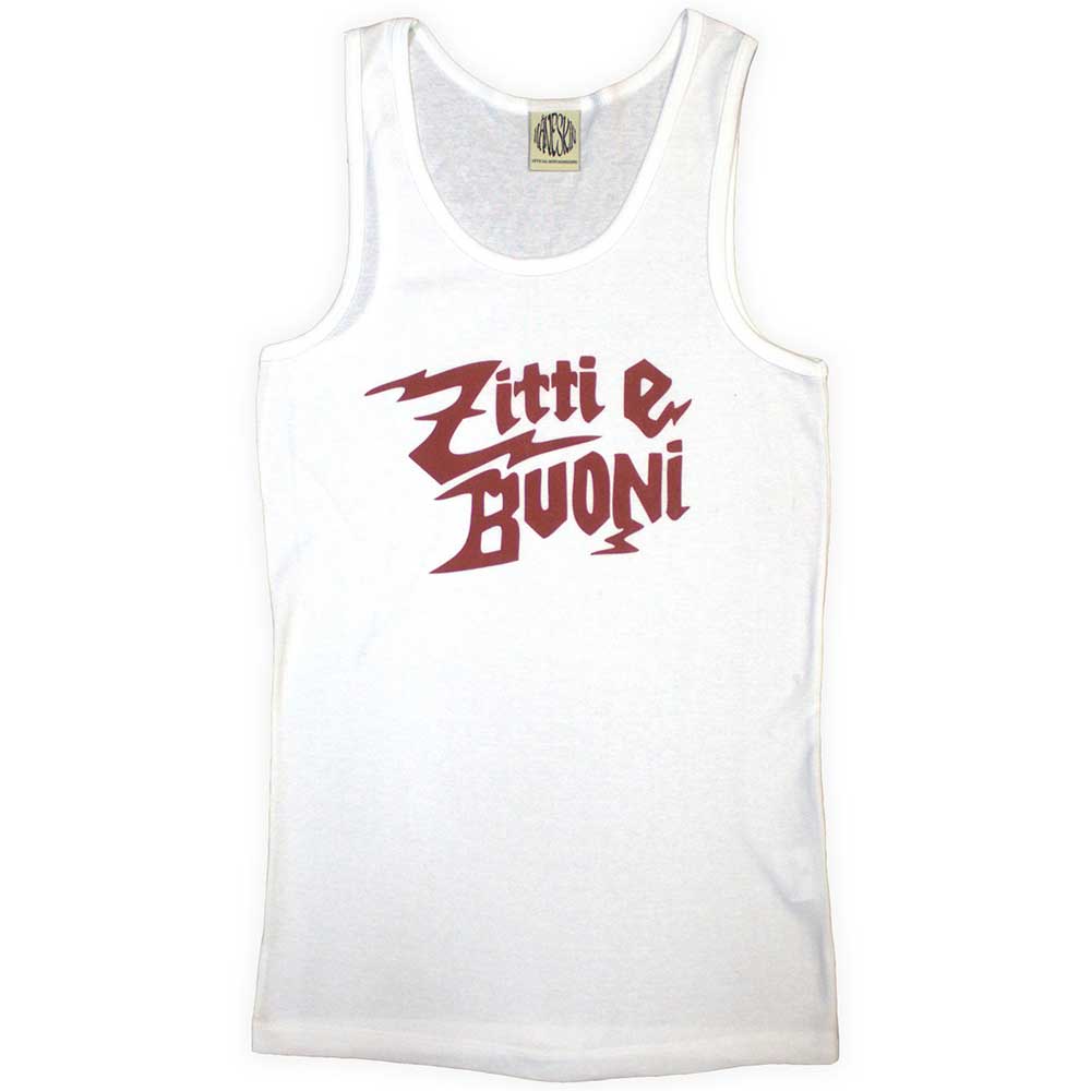 Black unisex sleeveless t-shirt featuring the Måneskin Zitti e Buoni tour graphic on front.