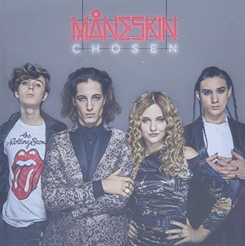 Måneskin band portrait with neon “CHOSEN” text on a dark background.