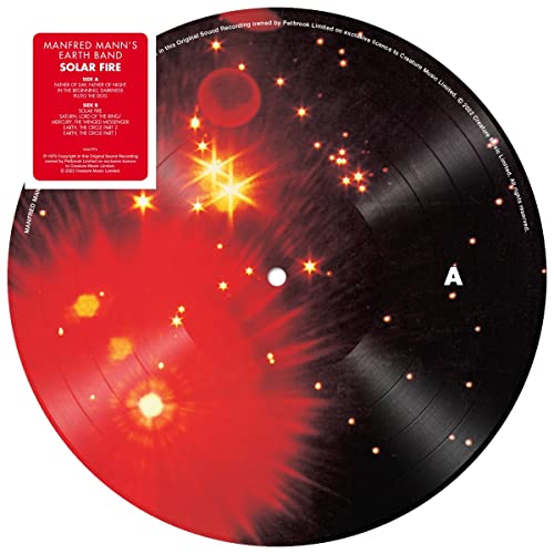 Vinyl record of Manfred Mann’s Earth Band’s “Solar Fire” with a fiery design.