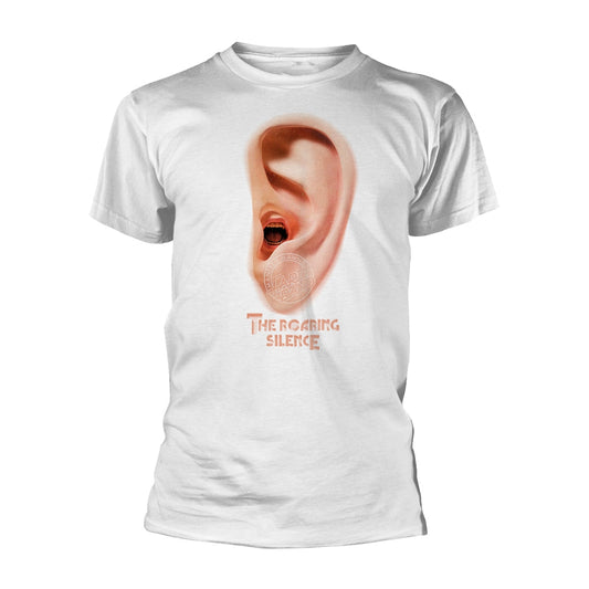 White t-shirt with an ear illustration and band logo, "The Roaring Silence".