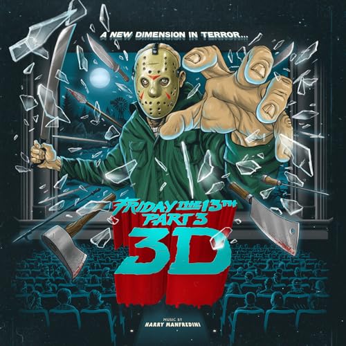 Jason Voorhees in a hockey mask reaches forward through shattered glass in a theater.