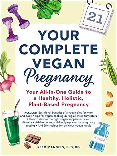 Book cover with title “Your Complete Vegan Pregnancy” and illustrated produce.