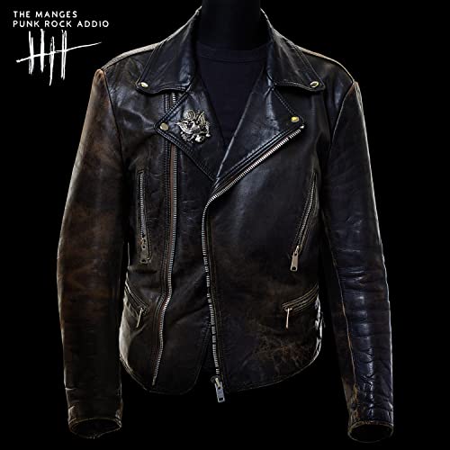Worn black leather jacket with metal detailing, album artwork backdrop.