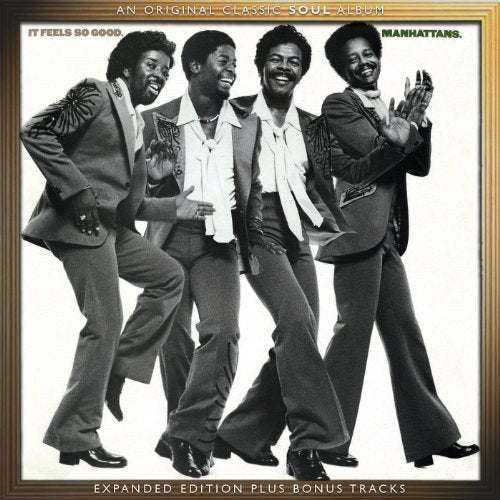 "Album cover with four men in suits, dancing, in black and white."