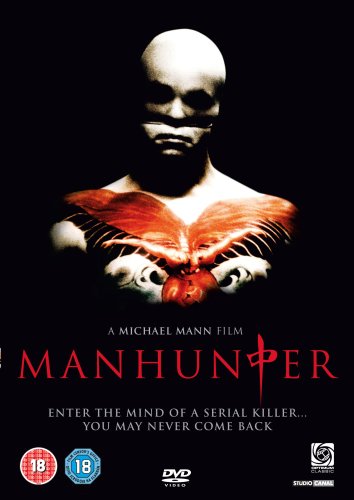 Manhunter" DVD cover featuring a bald man with a butterfly-shaped scar.