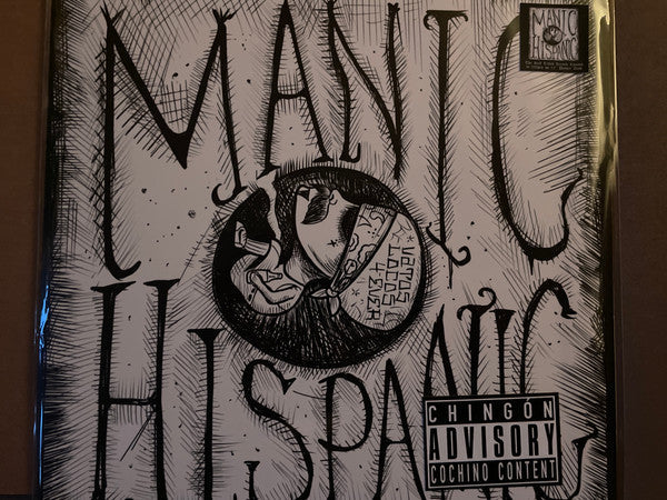 Manic Hispanic album cover: black and white sketch of a face in a circle.