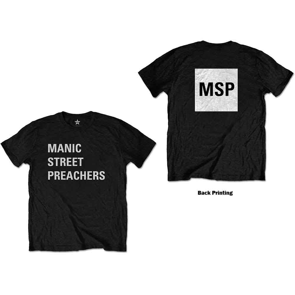 Black t-shirt with white stacked text reading "Manic Street Preachers".