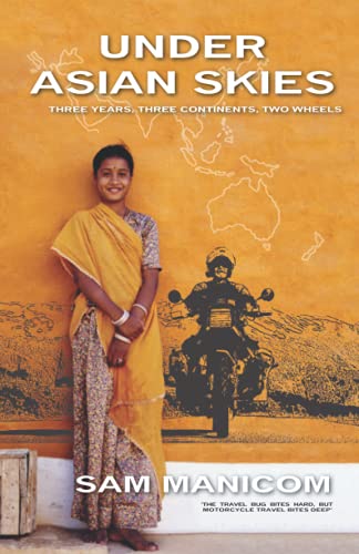 Book cover: woman in orange shawl, motorcycle, and world map illustration.