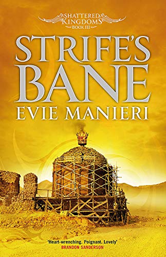 Book cover: "Strife's Bane" with a crumbling, scaffolded building scene.