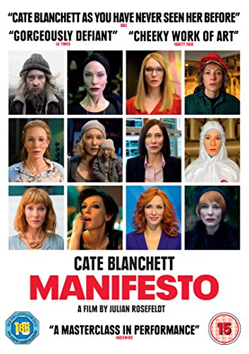 DVD cover for "Manifesto" featuring Cate Blanchett in multiple roles.