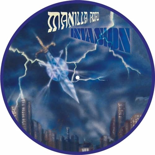 Manilla Road Invasion picture disc vinyl showing a sword and lightning over a city.
