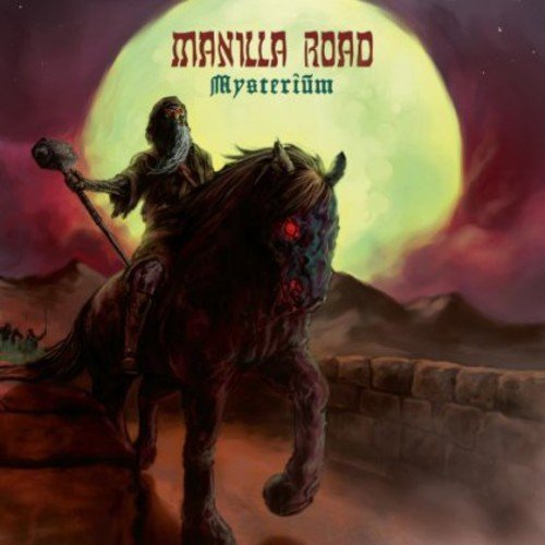 "Album cover art: a bearded man on a horse with glowing red eyes."