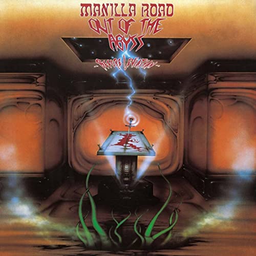Album cover: dark, surreal room with a glowing table and lightning.