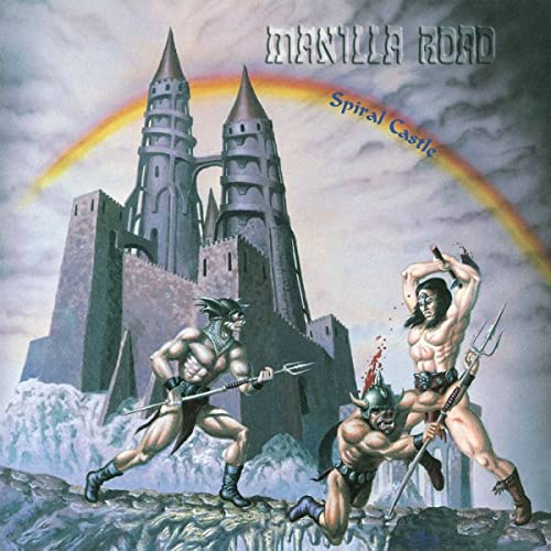 Fantasy album cover: castle, warriors, and a rainbow in a dramatic scene.