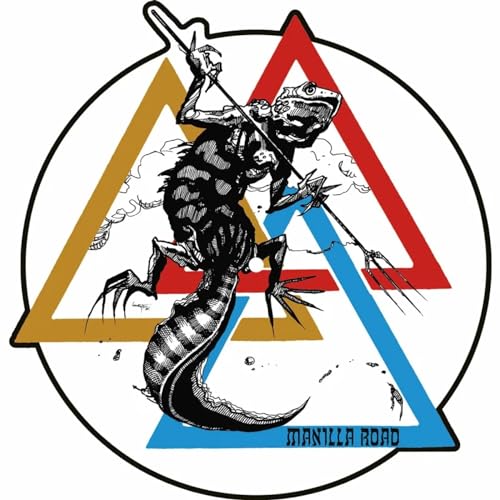 A picture disc vinyl featuring a lizard-like creature holding a trident before three triangles.