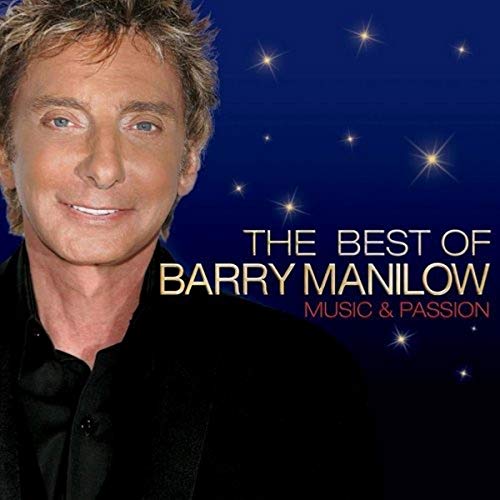 Barry Manilow smiling against a dark blue background with sparkling star effects.