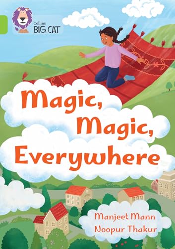 Book cover: girl flying on a red rug over a town.