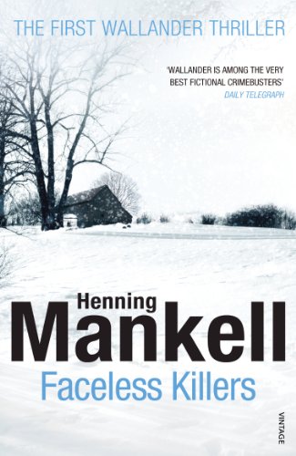 "Book cover with snowy landscape, bare trees, and a house, titled 'Faceless Killers' by Henning Mankell."