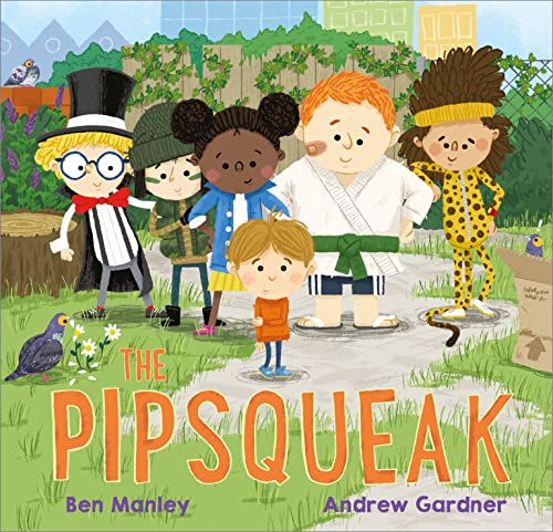 Book cover featuring six diverse children in playful costumes, with title "The Pipsqueak".