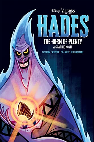Disney Villains graphic novel cover featuring blue-skinned Hades with fiery hands.