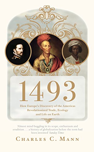 Book cover: "1493" by Charles C. Mann, featuring portraits and ornate design.
