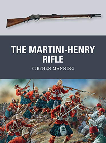 Martini-Henry rifle illustration with a historical battle scene below.