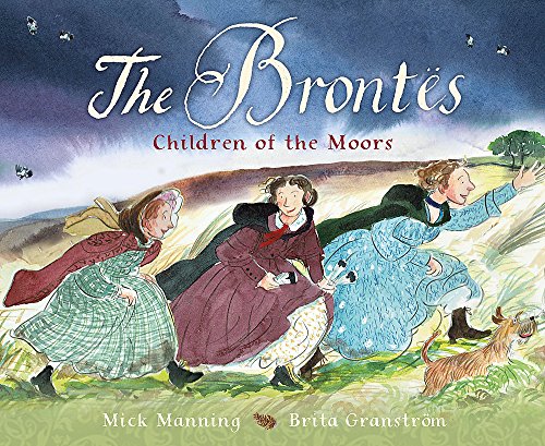 Cover of “The Brontës – Children of the Moors” picture book, three children running.