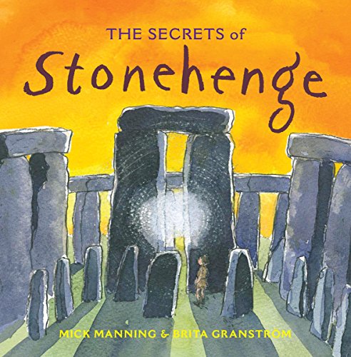 Watercolor illustration of Stonehenge with a small figure inside the circle.