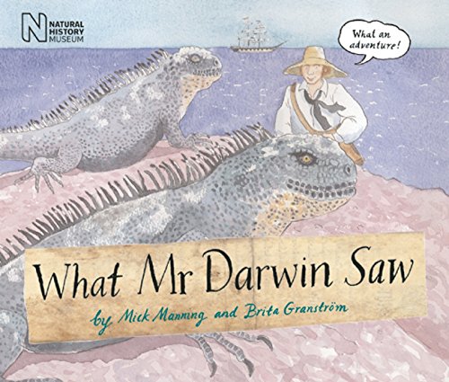 Book cover: Darwin with marine iguanas, a ship in the background.