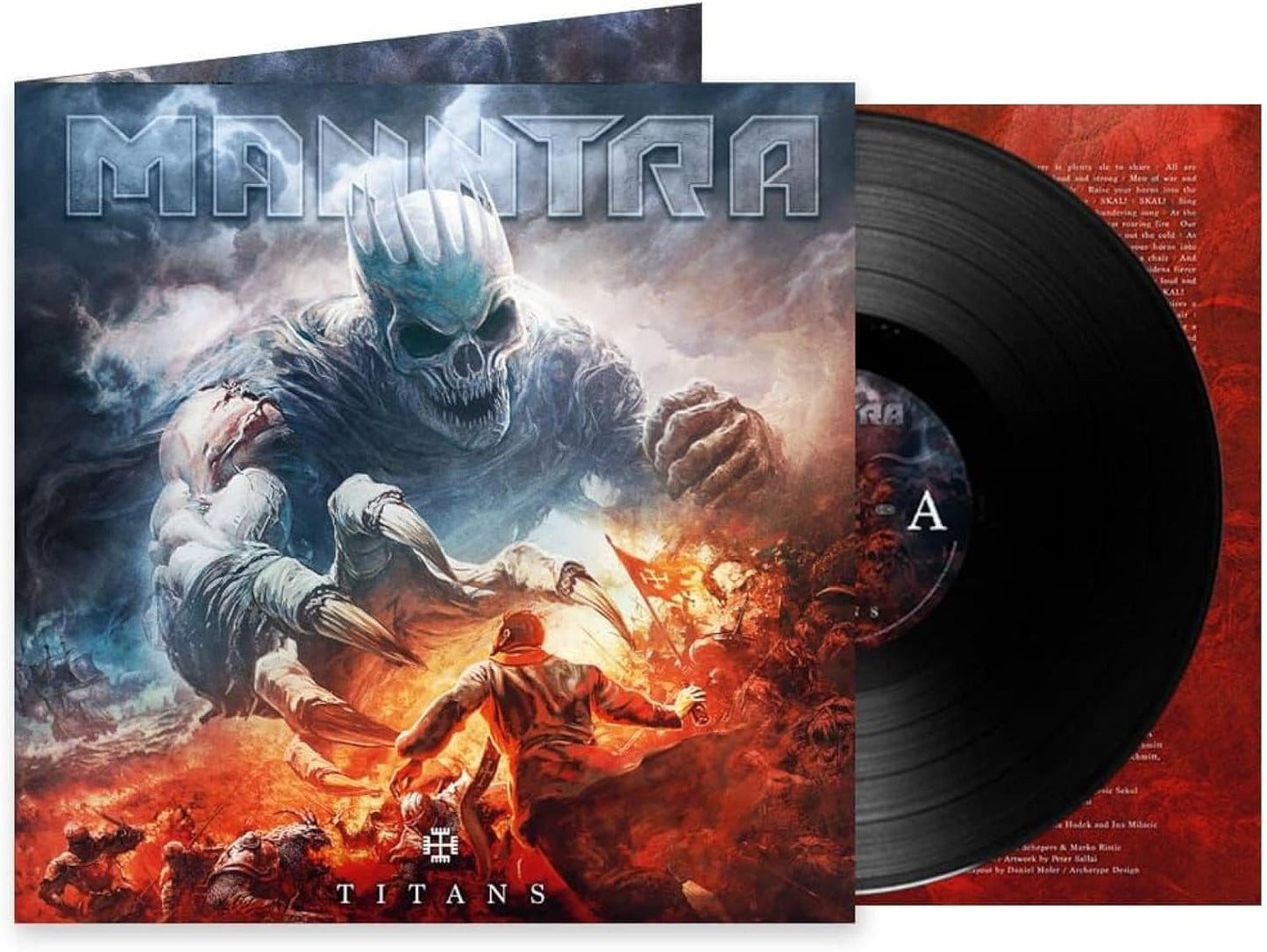 Manntra Titans vinyl record cover featuring a giant skeletal creature looming over a battlefield.